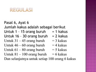 Pasal 6, Ayat 6
Jumlah kakus adalah sebagai berikut
Untuk 1 – 15 orang buruh       = 1 kakus
Untuk 16 – 30 orang buruh = 2 kakus
Untuk 31 – 45 orang buruh      = 3 kakus
Untuk 46 – 60 orang buruh      = 4 kakus
Untuk 61 – 80 orang buruh      = 5 kakus
Untuk 81 – 100 orang buruh = 6 kakus
Dan selanjutnya untuk setiap 100 orang 6 kakus
 