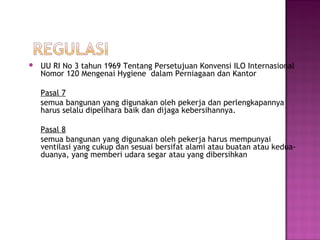    UU RI No 3 tahun 1969 Tentang Persetujuan Konvensi ILO Internasional
    Nomor 120 Mengenai Hygiene dalam Perniagaan dan Kantor

    Pasal 7
    semua bangunan yang digunakan oleh pekerja dan perlengkapannya
    harus selalu dipelihara baik dan dijaga kebersihannya.

    Pasal 8
    semua bangunan yang digunakan oleh pekerja harus mempunyai
    ventilasi yang cukup dan sesuai bersifat alami atau buatan atau kedua-
    duanya, yang memberi udara segar atau yang dibersihkan
 