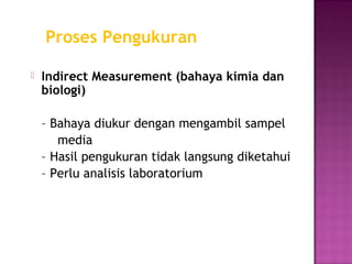 Proses Pengukuran

   Indirect Measurement (bahaya kimia dan
    biologi)

    – Bahaya diukur dengan mengambil sampel
       media
    – Hasil pengukuran tidak langsung diketahui
    – Perlu analisis laboratorium
 