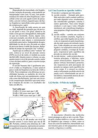 18
Higiene Industrial
Dependendo da intensidade e da freqüên-
cia das variações de pressão, estas poderão ser
interpretadas como som. O som, com predo-
minância de ondas de altas freqüências, é per-
cebido como um som agudo (canto de passa-
rinho, sons do violino), enquanto que o de bai-
xa freqüência é percebido como grave (ruído
de compressores, sapo).
A classificação da onda sonora em som
ou ruído, depende da sensação que ela provo-
ca em quem a ouve. Em geral, chama-se de
ruído o som que nos é desagradável, indesejado
ou que nos incomoda. Assim, alguns sons,
como por exemplo, um show de rock, podem
ser agradáveis para alguns e extremamente
incômodos para outros. Independente da agra-
dabilidade ou não do som, ele pode ser capaz
de provocar danos à saúde das pessoas, depen-
dendo do tempo de exposição e do “volume”.
Aquilo que se conhece como “volume” do
som, refere-se ao nível de pressão sonora
(NPS) ou nível de ruído e é medido na escala
decibel (dB). Quanto maior o volume, ou seja,
quanto maior o nível de pressão sonora, maior
o risco de dano auditivo, para o mesmo tempo
de exposição.
O ouvido humano não é igualmente sen-
sível a todas as freqüências, é mais sensível
para o ruído de freqüência na faixa de 2 kHz a
5 kHz. Para compensar esta diferença na sen-
sibilidade humana, as medições do nível de
ruído são feitas com um equipamento, conhe-
cido como decibelímetro, que tem um circui-
to de compensação eletrônico que tenta simu-
lar a resposta do ouvido e os resultados são
lidos em dB (A).
Você sabia que:
10 dB é 10 vezes mais que 1 dB
20 dB é 100 vezes mais que 1 dB
30 dB é 1000 vezes mais que 1 dB?
Um som de 83 dB produz um nível de
pressão sonora 2 vezes maior que um de 80
dB. Portanto, embora uma diferença de 3 dB
possa parecer pequena, representa um aumen-
to significativo no nível de pressão sonora.
1.4.1 Uma Excursão no Aparelho Auditivo
O ouvido é composto por três partes:
1. ouvido externo – formado pelo pavi-
lhão auricular e pelo conduto auditivo,
por onde algumas vezes, erradamente,
são introduzidos grampos, canetas e
outros apetrechos. Tem como função
conduzir o som (que é uma vibração
mecânica), até a membrana timpânica,
uma pequena e frágil membrana vibra-
tória.
2. ouvido médio – contém um conjunto
de três ossinhos (martelo, bigorna e
estribo), que estão ligados um ao outro
e são os responsáveis pela transforma-
ção da onda sonora em estímulo mecâ-
nico. Estão alojados em uma cavidade
ligada à via respiratória através de um
pequeno conduto, a trompa de Eustá-
quio, responsável pelo equilíbrio da
pressão no interior do ouvido.
3. ouvido interno – onde existem duas es-
truturas principais, o labirinto, cujos
canais semicirculares, dispostos nos
planos vertical, horizontal e posterior,
são responsáveis pela percepção da
posição no espaço e pelo equilíbrio do
nosso corpo. E o caracol ou cóclea,
onde a informação recebida através da
janela oval é transformada em um si-
nal elétrico, transmitido através do ner-
vo auditivo até o cérebro.
1.4.2 Ouvido – O Palco da Audição
O movimento vibratório das moléculas
(som) propaga-se pelo ar até o ouvido. Pene-
tra pelo conduto auditivo e vai até a membra-
na timpânica que começa a vibrar, como se
fosse um couro de tamborim, transmitindo seus
movimentos para os três pequeninos ossos, o
martelo, a bigorna e o estribo.
Tímpano
Conduto
auditivo
externo
Martelo
Canais
semicirculares
Bigorna
Pavilhão
Trompa de
Eustáquio
Caracol
Estribo
Nervo acústico
 
