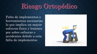 Falta de implementos o
herramientas necesarias
lo que implica un mayor
esfuerzo físico y lesiones
por sobre esfuerzo o
accidentes debido a esta
falta de implementos
 
