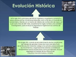 Evolución Histórica
Al fin siglo XVII y principios del XIX en Inglaterra, el gobierno comenzó a
preocuparse por las condiciones laborales, esto a raíz de un incendio en
Londonderry, Irlanda, en un barrio de talleres de confección de ropa y el
cual costo más de 600 vidas, el parlamento ingles nombro una comisión
investigadora, para evaluar la seguridad e higiene en los centros de
trabajo.
En el siglo XIX, cuando el recrudecimiento de las condiciones
de trabajo de grandes masas de mano de obra fruto
de la Revolución Industrial, obliga a los estados presionados por
los movimientos y organizaciones obreras a establecer
tímidamente normas protectoras como por ejemplo, las que
regulaban el trabajo de los niños en las
industrias manufactureras y minería.
 