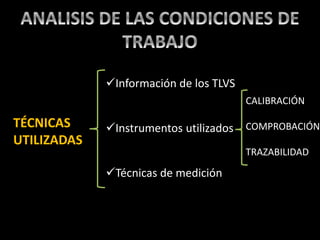 TÉCNICAS
UTILIZADAS
Información de los TLVS
Instrumentos utilizados
Técnicas de medición
CALIBRACIÓN
COMPROBACIÓN
TRAZABILIDAD
 