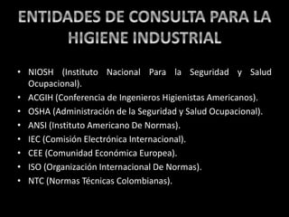 • NIOSH (Instituto Nacional Para la Seguridad y Salud
Ocupacional).
• ACGIH (Conferencia de Ingenieros Higienistas Americanos).
• OSHA (Administración de la Seguridad y Salud Ocupacional).
• ANSI (Instituto Americano De Normas).
• IEC (Comisión Electrónica Internacional).
• CEE (Comunidad Económica Europea).
• ISO (Organización Internacional De Normas).
• NTC (Normas Técnicas Colombianas).
 