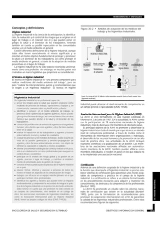 Conceptos y definiciones
Higiene industrial
La higiene industrial es la ciencia de la anticipación, la identifica-
ción, la evaluación y el control de los riesgos que se originan en el
lugar de trabajo o en relación con él y que pueden poner en
peligro la salud y el bienestar de los trabajadores, teniendo
también en cuenta su posible repercusión en las comunidades
vecinas y en el medio ambiente en general.
Existen diferentes definiciones de la higiene industrial, aunque
todas ellas tienen esencialmente el mismo significado y se
orientan al mismo objetivo fundamental de proteger y promover
la salud y el bienestar de los trabajadores, así como proteger el
medio ambiente en general, a través de la adopción de medidas
preventivas en el lugar de trabajo.
La higiene industrial no ha sido todavía reconocida universal-
mente como una profesión; sin embargo, en muchos países está
creándose un marco legislativo que propiciará su consolidación.
El técnico en higiene industrial
El técnico en higiene industrial es “una persona competente para
realizar mediciones del medio ambiente del trabajo”, pero no
para “realizar las interpretaciones, juicios y recomendaciones que
se exigen a un higienista industrial”. El técnico en higiene
industrial puede alcanzar el nivel necesario de competencias en
un campo general o especializado (OMS 1992b).
Asociación Internacional para la Higiene Industrial (AIHI)
La AIHI se creó formalmente en una reunión celebrada en
Montreal el 2 de junio de 1987. En la actualidad, la AIHI cuenta
con la participación de 19 asociaciones nacionales de higiene
industrial y más de diecinueve mil miembros de diecisiete países.
El principal objetivo de la AIHI es promover y desarrollar la
higiene industrial en todo el mundo para que alcance un elevado
nivel de competencia profesional, a través de medios como el
intercambio de información entre organizaciones e individuos,
el desarrollo de los recursos humanos y la promoción de un alto
nivel de práctica ética. Las actividades de la AIHI incluyen
reuniones científicas y la publicación de un boletín. Los miem-
bros de las asociaciones nacionales afiliadas son automática-
mente miembros de la AIHI; también pueden afiliarse como
miembros individuales, si residen en países en los que todavía no
se ha implantado una asociación nacional.
Certificación
Además de una definición aceptada de la higiene industrial y de
la función que desempeña el higienista industrial, es preciso esta-
blecer sistemas de certificación para garantizar unos niveles acep-
tables de competencia y práctica en el campo de la higiene
industrial. La certificación se refiere a un sistema formal basado
en los procedimientos necesarios para adquirir y mantener los
conocimientos, las destrezas y la competencia de los profesionales
(Burdorf 1995).
La AIHI ha promovido un estudio sobre los sistemas nacio-
nales de certificación que existen en la actualidad (Burdorf
1995), junto con la formulación de recomendaciones para
promover la cooperación internacional con el fin de garantizar
la calidad de los higienistas industriales profesionales. Entre estas
recomendaciones figuran las siguientes:
ENCICLOPEDIA DE SALUD Y SEGURIDAD EN EL TRABAJO 30.3 OBJETIVOS E INFORMACION GENERAL 30.3
HERRAMIENTAS Y ENFOQUES
30.HIGIENEINDUSTRIAL
Fuente: Por cortesía del Prof. M. Guillemin. Institut universitaire romand de Santé au Travail, Lausana, Suiza
(ligeramente modificado).
HIGIENISTA INDUSTRIAL
Fuentes Modalidades
de actuación
Medio ambiente
Signos clínicos
Metabolitos
Trabajador Efectos
MEDICO
P R E V E N C I O N T R A T A M I E N T O
PELIGROS ENFERMEDADES
Figura 30.2 • Ambitos de actuación de los médicos del
trabajo y los higienistas industriales.
Higienista industrial
Un higienista industrial es un profesional capaz de:
• prever los riesgos para la salud que pueden originarse como
resultado de procesos de trabajo, operaciones y equipos y, en
consecuencia, asesorar sobre su planificación y diseño.
• identificar y conocer, en el medio ambiente de trabajo, la
presencia (real o potencial) de agentes químicos, físicos y bioló-
gicos y otros factores de riesgo, así como su interacción con otros
factores que pueden afectar a la salud y el bienestar de los
trabajadores
• conocer las posibles vías de entrada de agentes en el organismo
humano y los efectos que esos agentes y otros factores pueden
tener en la salud
• evaluar la exposición de los trabajadores a agentes y factores
potencialmente nocivos y evaluar los resultados
• evaluar los procesos y los métodos de trabajo, desde el punto de
vista de la posible generación y emisión/propagación de
agentes y otros factores potencialmente nocivos, con objeto de
eliminar la exposición o reducirla a niveles aceptables
• diseñar y recomendar estrategias de control y evaluar su eficacia,
solo o en colaboración con otros profesionales para asegurar un
control eficaz y económico
• participar en el análisis del riesgo global y la gestión de un
agente, proceso o lugar de trabajo, y contribuir al estableci-
miento de prioridades para la gestión de riesgos
• conocer el marco jurídico para la práctica de la higiene industrial
en su país
• educar, formar, informar y asesorar a personas de todos los
niveles en todos los aspectos de la comunicación de riesgos
• trabajar con eficacia en un equipo interdisciplinario en el que
participen también otros profesionales
• identificar los agentes y factores que pueden tener un impacto
medioambiental y comprender la necesidad de integrar la prác-
tica de la higiene industrial con la protección del medio ambiente
Debe tenerse en cuenta que una profesión no sólo consiste en
un conjunto de conocimientos, sino también en un código de
ética; las asociaciones nacionales de higienistas industriales, así
como la Asociación Internacional para la Higiene Industrial
(AIHI), tienen sus propios códigos de ética (OMS 1992b).
 