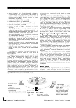 • aspectos económicos, como los costes del diseño, la aplicación,
el funcionamiento y el mantenimiento de los sistemas de
control, y análisis coste-beneficio (coste del control frente al
beneficio económico que se deriva de controlar los riesgos
profesionales y ambientales);
• recursos humanos (disponibles y necesarios);
• contexto socioeconómico y de salud pública;
que sirven como base para tomar decisiones referentes a:
• definición de los objetivos del control;
• selección de unas estrategias y tecnologías de control
adecuadas;
• asignación de prioridades de acción, teniendo en cuenta la
situación de riesgo, así como el contexto socioeconómico y de
salud pública (especialmente importante en los países subdesa-
rrollados), para realizar acciones como las siguientes:
• identificación y búsqueda de recursos financieros y humanos (si
aún no se dispone de los mismos);
• diseño de medidas de control específicas, que deben ser
adecuadas para proteger la salud de los trabajadores y el
medio ambiente, salvaguardando en la mayor medida posible
los recursos naturales;
• aplicación de medidas de control, incluidas disposiciones para
un funcionamiento, un mantenimiento y unos procedimientos
de emergencia adecuados;
• establecimiento de un programa de prevención y control de
riesgos, con una gestión adecuada que incluya vigilancia
periódica.
Tradicionalmente, la profesión responsable de la mayoría de
estas decisiones y acciones en el lugar de trabajo ha sido la
higiene industrial.
Una decisión clave en la gestión de riesgos es la referente al
riesgo aceptable (qué efecto puede aceptarse, si es que puede
aceptarse, en qué porcentaje de la población trabajadora).
Normalmente, aunque no siempre, esta decisión se toma en el
ámbito de la política nacional y va seguida de la adopción de
límites de exposición profesional y de la promulgación de regla-
mentos y normas sobre la salud en el trabajo. El higienista
industrial, que debe conocer estos requisitos legales, es el respon-
sable, normalmente, de definir los objetivos de control en el
lugar de trabajo. Sin embargo, puede suceder que el propio
higienista industrial tenga que tomar decisiones sobre el riesgo
aceptable en el lugar de trabajo, por ejemplo, cuando no existen
normas aplicables o éstas no abarcan todas las posibles
exposiciones.
Todas estas decisiones y acciones deben integrarse en un plan
realista, que requiere coordinación y colaboración interdiscipli-
naria y multisectorial. Aunque la gestión de riesgos implica enfo-
ques pragmáticos, su eficiencia debe evaluarse científicamente.
Por desgracia, las actividades relacionadas con la gestión de
riesgos son, en la mayoría de los casos, un término medio entre
lo que debería hacerse para evitar todos los riesgos y lo mejor
que se puede hacer en la práctica, considerando las limitaciones
económicas y de otros tipos.
La gestión de los riesgos relacionados con el medio ambiente
de trabajo y con el medio ambiente en general debe coordi-
narse; no sólo son áreas que se solapan, sino que, en la mayoría
de las situaciones, el éxito de una está vinculado al éxito de otra.
Programas y servicios de higiene industrial
La voluntad política y la toma de decisiones a escala nacional
influirán, directa o indirectamente, en el establecimiento de
programas o servicios de higiene industrial, ya sea en el sector
público o privado. No se incluye en este artículo una descripción
detallada de los tipos de programas y servicios de higiene indus-
trial; sin embargo, existen unos principios generales que pueden
aplicarse a numerosas situaciones y contribuir a su aplicación y
funcionamiento eficientes.
Un servicio global de higiene industrial debe tener capacidad
para realizar estudios preliminares adecuados, tomar muestras y
realizar mediciones y análisis para evaluar y controlar los
riesgos, así como para recomendar medidas de control, o incluso
diseñarlas.
Los elementos clave de un programa o servicio global de
higiene industrial son los recursos humanos y económicos, las
instalaciones, el equipo y los sistemas de información. Estos
recursos deben organizarse y coordinarse adecuadamente
mediante una planificación cuidadosa y una gestión eficiente, y
deben incluir también garantía de calidad y una evaluación
continua del programa. El éxito de los programas de higiene
industrial exige un respaldo político y el compromiso de la alta
dirección. La obtención de recursos económicos no se aborda en
este artículo.
Recursos humanos
El principal activo de un programa son unos recursos humanos
adecuados, y es prioritario contar con ellos. Todo el personal
30.8 OBJETIVOS E INFORMACION GENERAL ENCICLOPEDIA DE SALUD Y SEGURIDAD EN EL TRABAJO
HERRAMIENTAS Y ENFOQUES
Evaluación del riesgo
• Evaluación de los efectos en la salud de
productos o agentes
• Clasificación de los grupos expuestos
(desde efectos leves en la salud y
exposición a pequeñas cantidades
hasta efectos graves en la salud y
exposición a grandes cantidades)
Biológicos
Químicos Físicos
ID
ENTI F I C A C I O N D E P E L I G ROS
Pautas de exposición
• Grupos expuestos
• Tareas de cada
grupo
• Vías de exposición
• Agentes peligrosos y exposición
estimada en los grupos expuestos
Caracterización del lugar
de trabajo
• Instalaciones
• Actividad/procesos/operaciones
• Fuentes de emisión
• Agentes (clasificados por cantidades crecientes)
Figura 30.3. Elementos de la evaluación de riesgos.
 