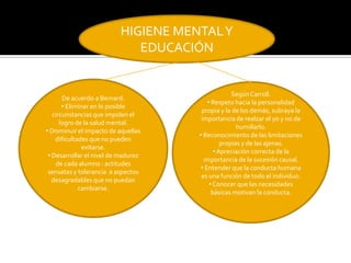 HIGIENE MENTAL Y
                             EDUCACIÓN


                                                   Según Carroll.
       De acuerdo a Bernard.
                                         • Respeto hacia la personalidad
       • Eliminar en lo posible
                                      propia y la de los demás, subraya la
   circunstancias que impiden el
                                      importancia de realzar el yo y no de
      logro de la salud mental.
                                                     humillarlo.
• Disminuir el impacto de aquellas
                                     • Reconocimiento de las limitaciones
    dificultades que no pueden
                                               propias y de las ajenas.
               evitarse.
                                            • Apreciación correcta de la
 • Desarrollar el nivel de madurez
                                       importancia de la sucesión causal.
    de cada alumno : actitudes
                                      • Entender que la conducta humana
 sensatas y tolerancia a aspectos
                                      es una función de todo el individuo.
   desagradables que no puedan
                                          • Conocer que las necesidades
             cambiarse.
                                           básicas motivan la conducta.
 