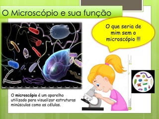O Microscópio e sua função
O que seria de
mim sem o
microscópio !!!
O microscópio é um aparelho
utilizado para visualizar estruturas
minúsculas como as células.
 