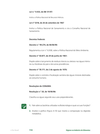 Higiene na Indústria de Alimentos
e-Tec Brasil 114
Lei n.º 9.433, de 08/ 01/97:
Institui a Política Nacional de Recursos Hídricos.
Lei nº 5318, de 26 de setembro de 1967
Institui a Política Nacional de Saneamento e cria o Conselho Nacional de
Saneamento.
Decretos Federais
Decreto n.º 99.274, de 06/06/90:
Regulamenta a Lei n.º 6.938, sobre a Política Nacional do Meio Ambiente.
Decreto nº 50.877, de 29 de junho de 1961:
Dispõe sobre o lançamento de resíduos tóxicos ou oleosos nas águas interio-
res ou litorâneas do país e dá outras providências.
Decreto nº 78.171, de 2 de agosto de 1976:
Dispõe sobre o controle e ﬁscalização sanitária das águas minerais destinadas
ao consumo humano.
Resoluções do CONAMA
Resolução n.º 20, de 18/06/86:
Classiﬁca as águas segundo seus usos preponderantes.
1. Fale sobre as bactérias utilizadas na Biotecnologia e quais as suas funções?
2. Analise o gráﬁco (Figura 4.10) que mostra a comparação na digestão
metabólica.
Hig_Ind_Alim.indb 114
Hig_Ind_Alim.indb 114 19/01/11 15:30
19/01/11 15:30
 