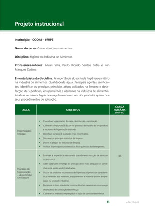 e-Tec Brasil
13
Projeto instrucional
Instituição – CODAI – UFRPE
Nome do curso: Curso técnico em alimentos
Disciplina: Higiene na Indústria de Alimentos
Professores-autores: Gilvan Silva, Paulo Ricardo Santos Dutra e Ivan
Marques Cadima
Ementa básica da disciplina: A importância do controle higiênico-sanitário
na indústria de alimentos. Qualidade da água. Principais agentes saniﬁcan-
tes. Identiﬁcar os principais princípios ativos utilizados na limpeza e desin-
fecção de superfícies, equipamentos e utensílios na indústria de alimentos.
Analisar os marcos legais que regulamentam o uso dos produtos químicos e
seus procedimentos de aplicação.
AULA OBJETIVOS
CARGA
HORÁRIA
(horas)
Higienização –
limpeza
• Conceituar higienização, limpeza, desinfecção e sanitização.
• Conhecer a importância do pH no processo de escolha de um produto
e no plano de higienização adotado.
• Identiﬁcar os tipos de sujidades mais encontrados.
• Descrever os principais métodos de limpeza.
• Deﬁnir as etapas do processo de limpeza.
• Analisar as principais características físico-químicas dos detergentes.
80
Processo de
higienização
– desinfecção/
sanitização
• Entender a importância do correto procedimento na ação de sanitizar
ou desinfetar.
• Saber optar pelo emprego do princípio ativo mais adequado às condi-
ções onde estão sendo trabalhadas.
• Utilizar os produtos no processo de higienização pelas suas caracterís-
ticas inerentes aos materiais, equipamentos e matérias-primas empre-
gadas na unidade industrial.
• Manipular o cloro através das corretas diluições necessárias no emprego
do processo de sanitização/desinfecção.
• Conhecer os métodos empregados na ação de sanitizar/desinfectar.
Hig_Ind_Alim.indb 13
Hig_Ind_Alim.indb 13 19/01/11 15:30
19/01/11 15:30
 