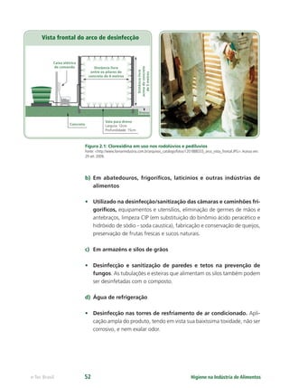 Vista frontal do arco de desinfecção
Concreto
Vala para dreno
Largura: 12cm
Profundidade: 15cm
Caixa elétrica
de comando
Distância
livre
acima
do
concreto
de
5
metros
Distância livre
entre os pilares de
concreto de 4 metros
Dreno
Higiene na Indústria de Alimentos
e-Tec Brasil 52
Figura 2.1: Clorexidina em uso nos rodolúvios e pediluvios
Fonte: <http://www.fornariindustria.com.br/arquivos_catalogo/fotos/1201888333_arco_vista_frontal.JPG>.Acesso em:
29 set. 2009.
b) Em abatedouros, frigoríﬁcos, laticínios e outras indústrias de
alimentos
• Utilizado na desinfecção/sanitização das câmaras e caminhões fri-
goríﬁcos, equipamentos e utensílios, eliminação de germes de mãos e
antebraços, limpeza CIP (em substituição do binômio ácido peracético e
hidróxido de sódio - soda caustica), fabricação e conservação de queijos,
preservação de frutas frescas e sucos naturais.
c) Em armazéns e silos de grãos
• Desinfecção e sanitização de paredes e tetos na prevenção de
fungos. As tubulações e esteiras que alimentam os silos também podem
ser desinfetadas com o composto.
d) Água de refrigeração
• Desinfecção nas torres de resfriamento de ar condicionado. Apli-
cação ampla do produto, tendo em vista sua baixíssima toxidade, não ser
corrosivo, e nem exalar odor.
Hig_Ind_Alim.indb 52
Hig_Ind_Alim.indb 52 19/01/11 15:30
19/01/11 15:30
 