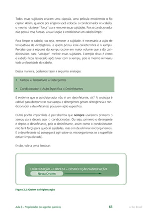 Todas essas sujidades criaram uma cápsula, uma película envolvendo o ﬁo
capilar. Assim, quando por engano você colocou o condicionador no cabelo,
o mesmo não teve “força” para remover essas sujidades. Pois o condicionador
não possui essa função, a sua função é condicionar um cabelo limpo!
Para limpar o cabelo, ou seja, remover a sujidade, é necessária a ação de
tensoativos de detergência, e quem possui essa característica é o xampu.
Perceba que a espuma do xampu ocorre em maior volume que a do con-
dicionador, para “abraçar” melhor essas sujidades. Exemplo disso é como
o cabelo ﬁcou ressecado após lavar com o xampu, pois o mesmo removeu
toda a oleosidade do cabelo.
Dessa maneira, podemos fazer a seguinte analogia:
• Xampu = Tensoativos = Detergentes
• Condicionador = Ação Especíﬁca = Desinfetantes
É evidente que o condicionador não é um desinfetante, ok? A analogia é
cabível para demonstrar que xampu e detergentes geram detergência e con-
dicionador e desinfetantes possuem ação especíﬁca.
Outro ponto importante é percebemos que sempre usaremos primeiro o
xampu para depois usar o condicionador. Ou seja, primeiro o detergente
e depois o desinfetante, pois o desinfetante, assim como o condicionador,
não terá força para quebrar sujidades, mas sim de eliminar microrganismos.
E o desinfetante só conseguirá agir sobre os microrganismos se a superfície
estiver limpa (lavada).
Então, vale a pena lembrar:
Figura 3.2: Ordem da higienização
HIGIENIZAÇÃO = LIMPEZA + DESINFECÇÃO/SANIFICAÇÃO
Nessa Ordem
e-Tec Brasil
Aula 3 – Propriedades dos agentes químicos 63
Hig_Ind_Alim.indb 63
Hig_Ind_Alim.indb 63 19/01/11 15:30
19/01/11 15:30
 