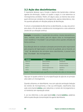Higiene na Indústria de Alimentos
e-Tec Brasil 64
3.2 Ação dos desinfetantes
É importante destacar, que a função e objetivo dos bactericidas e demais
agentes de eliminação, citados no quadro a seguir, é o de exterminar os
microrganismos correlatos. Porém, em alguns casos, os mesmos não conse-
guem eliminar por completo os microrganismos, apenas reduzindo-os, mes-
mo quando aplicados em diluições próprias de desinfecção.
É comum a necessidade de alternarmos os desinfetantes, ou seja, seus princí-
pios ativos a ﬁm de evitar a resistência do microorganismo a esta substancia
através de sua utilização contínua.
Exemplo: A clorexidina, o quaternário de amônia, cloretos benzalcônicos,
cloro, triclosan, entre outros, pois em alguns casos os microrganismos
criam resistência (“imunidade”) aos princípios ativos quando utilizados de
forma contínua.
Essa alteração deve ser analisada e planejada previamente pelos responsáveis
pelo programa de higienização e controle de qualidade, pois se fazendo um
“ciclo” de alternância dos princípios ativos desinfetantes, é possível evitar
essa “imunidade” dos microrganismos.
Produto Ação Exemplos
Bactericida Eliminar bactérias Desinfetantes
Inseticida Eliminar insetos Inseticidas aerossóis
Fungicida Eliminar fungos Pomadas de micoses
Biocida Eliminar organismos vivos Agrotóxicos
Viricida Eliminar vírus Antivirais
Quadro3.1:Demonstraçãodaaçãoespecíﬁcadeumprincípioativosobreummicrorganismo
Veja que no quadro anterior há uma especiﬁcação da ação de um princípio
ativo sobre um microrganismo.
Quando utilizamos um desinfetante, mas com ação de sanitização (redução
do número de microrganismos, e não sua eliminação), classiﬁcamos essa
ação como bacteriostática, pois reduzimos o número de microrganismos e
os mantemos sem reprodução celular.
E, ao nos referirmos a uma ação bactericida e bacteriostática, podemos
deﬁni-la pela diluição (concentração) do agente desinfetante.
Hig_Ind_Alim.indb 64
Hig_Ind_Alim.indb 64 19/01/11 15:30
19/01/11 15:30
 
