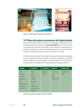 a b
Higiene na Indústria de Alimentos
e-Tec Brasil 76
Figura 3.8: a) Grande porte b) Cozinha industrial
3.7 Plano de ação no processo de higienização
Outro ponto fundamental no processo de higienização é determinar proce-
dimentos operacionais padrão e um plano de higiene, que irá deﬁnir todas
as atividades que deverão ser realizadas, qual a frequência, quais produtos e
em quais diluições, quem será o responsável e quem será o supervisor. Neste
momento, estudaremos sobre esse assunto de forma resumida.
Contudo, você terá maiores informações sobre o plano de higiene empregado
em uma indústria alimentícia ao estudar nas próximas disciplinas os conceitos
de Boas Práticas de Fabricação (BPF), Análise de Perigos e Pontos Críticos de
Controle (APPCC), Procedimento Padrão de Higiene e Operação (PPHO).
DIÁRIA SEMANAL QUINZENAL MENSAL SEMESTRAL
Pisos
Rodapés
Paredes
Bancadas
Pias
Equipamentos
Utensílios
Sanitários
Paredes
Portas
Janelas
Estantes
Armários
Coifas
Geladeiras
Câmaras frias
Freezers
Depósitos
Estrados
Luminárias
Tetos
Telas
Interruptores
Depósitos de
água
Quadro 3.5: Exemplo simples de plano de higiene
Hig_Ind_Alim.indb 76
Hig_Ind_Alim.indb 76 19/01/11 15:30
19/01/11 15:30
 