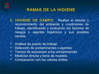 RAMAS DE LA HIGIENE
3. HIGIENE DE CAMPO: Realiza el estudio y
reconocimiento del ambiente y condiciones de
trabajo, identificando y evaluando los factores de
riesgos o agentes higiénicos y sus posibles
causas.






Análisis de puesto de trabajo
Detección de contaminantes o agentes
Tiempo de exposición a los contaminantes
Medición directa y toma de muestra
Comparación con los valores limites

 
