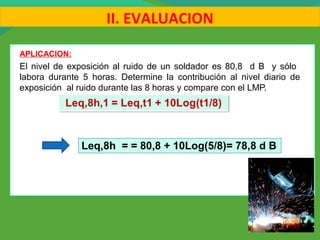 APLICACION:
El nivel de exposición al ruido de un soldador es 80,8 d B y sólo
labora durante 5 horas. Determine la contribución al nivel diario de
exposición al ruido durante las 8 horas y compare con el LMP.
II. EVALUACION
Leq,8h = = 80,8 + 10Log(5/8)= 78,8 d B
 