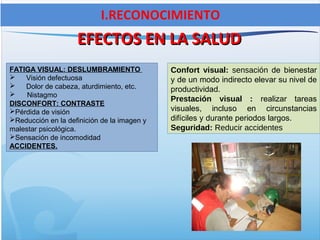 EFECTOS EN LA SALUDEFECTOS EN LA SALUD
FATIGA VISUAL: DESLUMBRAMIENTO
 Visión defectuosa
 Dolor de cabeza, aturdimiento, etc.
 Nistagmo
DISCONFORT: CONTRASTE
Pérdida de visión
Reducción en la definición de la imagen y
malestar psicológica.
Sensación de incomodidad
ACCIDENTES.
I.RECONOCIMIENTO
Confort visual: sensación de bienestar
y de un modo indirecto elevar su nivel de
productividad.
Prestación visual : realizar tareas
visuales, incluso en circunstancias
difíciles y durante periodos largos.
Seguridad: Reducir accidentes
 