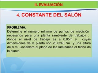4. CONSTANTE DEL SALÓN
II. EVALUACIÓN
PROBLEMA:
Determine el número mínimo de puntos de medición
necesarios para una planta (ambiente de trabajo) ;
donde el nivel de trabajo es a 0.85m y cuyas
dimensiones de la planta son 28,6x48,7m y una altura
de 8 m. Considere el plano de las luminarias el techo de
la planta.
 