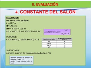 4. CONSTANTE DEL SALÓN
II. EVALUACIÓN
RESOLUCION:
Del enunciado se tiene:
L = 48,7 m
W = 28,6 m
Hm = 8-0.85= 7.15 m
APLICAMOS LA SIGUIENTE FORMULA:
DE DONDE:
K= 28.6x48.7/7.15(28.6+48.7) = 2.5
SEGÚN TABLA:
número mínimo de puntos de medición = 16
 