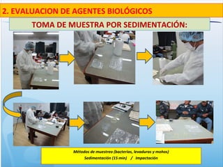 TOMA DE MUESTRA POR SEDIMENTACIÓN:
2. EVALUACION DE AGENTES BIOLÓGICOS
Métodos de muestreo (bacterias, levaduras y mohos)
Sedimentación (15 min) / Impactación
 