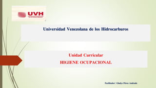 Facilitador: Gladys Pérez Andrade
Unidad Curricular
HIGIENE OCUPACIONAL
Universidad Venezolana de los Hidrocarburos
 