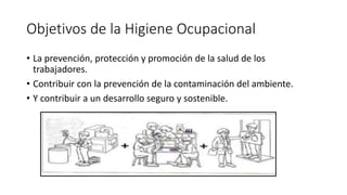 Objetivos de la Higiene Ocupacional
• La prevención, protección y promoción de la salud de los
trabajadores.
• Contribuir con la prevención de la contaminación del ambiente.
• Y contribuir a un desarrollo seguro y sostenible.
 