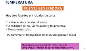 Hay tres fuentes principales de calor:
La temperatura del aire, el viento.
La radiación del sol, las máquinas y los procesos.
El trabajo muscular.
(Al aumentar el trabajo físico los músculos generan calor.)
15
FUENTE GENERADORA
El cuerpo humano necesita mantener una
temperatura interna de aproximadamente 37º C
TEMPERATURA
 