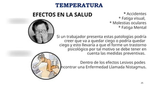 EFECTOS EN LA SALUD * Accidentes
* Fatiga visual,
* Molestias oculares
* Fatiga Mental
Si un trabajador presenta estas patologías podría
creer que va a quedar ciego o podría quedar
ciego y esto llevaría a que el forme un trastorno
psicológico por tal motivo se debe tener en
cuenta las medidas preventivas.
Dentro de los efectos Lesivos podes
Encontrar una Enfermedad Llamada Nistagmus.
25
TEMPERATURA
 