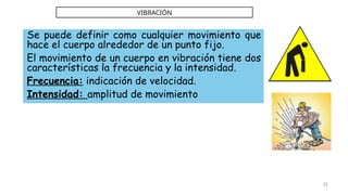 Se puede definir como cualquier movimiento que
hace el cuerpo alrededor de un punto fijo.
El movimiento de un cuerpo en vibración tiene dos
características la frecuencia y la intensidad.
Frecuencia: indicación de velocidad.
Intensidad: amplitud de movimiento
32
VIBRACIÓN
 
