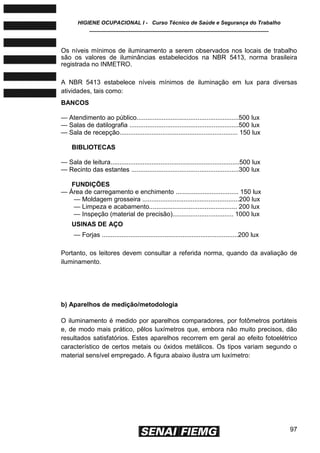 HIGIENE OCUPACIONAL I - Curso Técnico de Saúde e Segurança do Trabalho
____________________________________________________________
97
Os níveis mínimos de iluminamento a serem observados nos locais de trabalho
são os valores de iluminâncias estabelecidos na NBR 5413, norma brasileira
registrada no INMETRO.
A NBR 5413 estabelece níveis mínimos de iluminação em lux para diversas
atividades, tais como:
BANCOS
— Atendimento ao público.........................................................500 lux
— Salas de datilografia .............................................................500 lux
— Sala de recepção.................................................................. 150 lux
BIBLIOTECAS
— Sala de leitura........................................................................500 lux
— Recinto das estantes ............................................................300 lux
FUNDIÇÕES
— Área de carregamento e enchimento ................................... 150 lux
— Moldagem grosseira ......................................................200 lux
— Limpeza e acabamento................................................. 200 lux
— Inspeção (material de precisão).................................. 1000 lux
USINAS DE AÇO
— Forjas ............................................................................200 lux
Portanto, os leitores devem consultar a referida norma, quando da avaliação de
iluminamento.
b) Aparelhos de medição/metodologia
O iluminamento é medido por aparelhos comparadores, por fotômetros portáteis
e, de modo mais prático, pêlos luxímetros que, embora não muito precisos, dão
resultados satisfatórios. Estes aparelhos recorrem em geral ao efeito fotoelétrico
característico de certos metais ou óxidos metálicos. Os tipos variam segundo o
material sensível empregado. A figura abaixo ilustra um luxímetro:
 