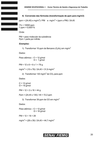 HIGIENE OCUPACIONAL I - Curso Técnico de Saúde e Segurança do Trabalho
____________________________________________________________
20
4) Conversão das fórmulas (transformação de ppm para mg/m3)
ppm = (24,45) x mg/m3
) / PM e mg/m3
= (ppm x PM) / 24,45
1% = 10000 ppm
1 ppm = 0,0001%
Onde:
PM = peso molecular da substância
Ppm = parte por milhão
Exemplos:
1) Transformar 10 ppm de Benzeno (C6H6) em mg/m3
Dados:
Peso atômico – C = 12 g/mol
H = 1 g/mol
PM = 12 x 6 + 6 x 1 = 78 g
mg/m3
= (10 x 78) / 24,45 = 31,9 mg/m3
2) Transformar 130 mg/m3
de CO2 para ppm
Dados:
C = 12 g/mol
O = 16 g/mol
PM = 12 + 2 x 16 = 44 g
Ppm = (24,45 x 130) / 44 = 72,2 ppm
3) Transformar 39 ppm de CO em mg/m3
Dados:
Peso atômico – C = 12 g/mol
O = 16 g/mol
PM = 12 + 16 = 28
mg/m3
= (28 x 39) / 24,45 = 44,7 mg/m3
 
