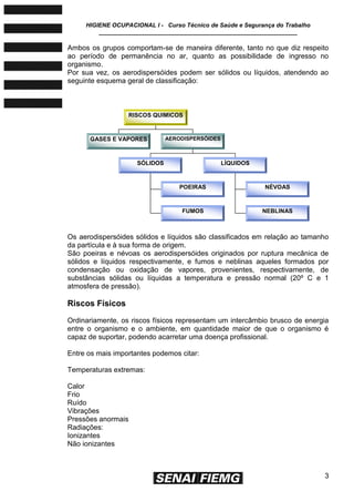 HIGIENE OCUPACIONAL I - Curso Técnico de Saúde e Segurança do Trabalho
____________________________________________________________
3
Ambos os grupos comportam-se de maneira diferente, tanto no que diz respeito
ao período de permanência no ar, quanto as possibilidade de ingresso no
organismo.
Por sua vez, os aerodispersóides podem ser sólidos ou líquidos, atendendo ao
seguinte esquema geral de classificação:
Os aerodispersóides sólidos e líquidos são classificados em relação ao tamanho
da partícula e à sua forma de origem.
São poeiras e névoas os aerodispersóides originados por ruptura mecânica de
sólidos e líquidos respectivamente, e fumos e neblinas aqueles formados por
condensação ou oxidação de vapores, provenientes, respectivamente, de
substâncias sólidas ou líquidas a temperatura e pressão normal (20º C e 1
atmosfera de pressão).
Riscos Físicos
Ordinariamente, os riscos físicos representam um intercâmbio brusco de energia
entre o organismo e o ambiente, em quantidade maior de que o organismo é
capaz de suportar, podendo acarretar uma doença profissional.
Entre os mais importantes podemos citar:
Temperaturas extremas:
Calor
Frio
Ruído
Vibrações
Pressões anormais
Radiações:
Ionizantes
Não ionizantes
RISCOS QUIMICOS
GASES E VAPORES AERODISPERSÓIDES
SÓLIDOS LÍQUIDOS
NÉVOAS
NEBLINAS
POEIRAS
FUMOS
 