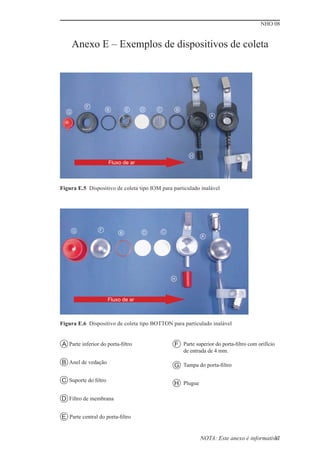 NHO 08


       Anexo E – Exemplos de dispositivos de coleta




           F
                     B       E     D     C           B
   G
                                                                    A




                                                           H
                     Fluxo de ar



Figura E.5 Dispositivo de coleta tipo IOM para particulado inalável




       G        F                            C
                         B         D
                                                                A




                                                 H



                     Fluxo de ar



Figura E.6 Dispositivo de coleta tipo BOTTON para particulado inalável


A Parte inferior do porta-ﬁltro                  F Parte superior do porta-ﬁltro com orifício
                                                         de entrada de 4 mm.

B Anel de vedação                                G Tampa do porta-ﬁltro

C Suporte do ﬁltro                               H Plugue

D Filtro de membrana

E Parte central do porta-ﬁltro


                                                                NOTA: Este anexo é informativo.
                                                                                             37
 