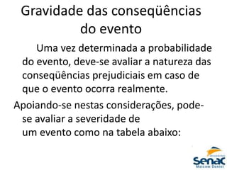 Gravidade das conseqüências
do evento
Uma vez determinada a probabilidade
do evento, deve-se avaliar a natureza das
conseqüências prejudiciais em caso de
que o evento ocorra realmente.
Apoiando-se nestas considerações, pode-
se avaliar a severidade de
um evento como na tabela abaixo:
 