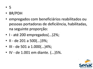 • 5
• BR/PDH
• empregados com beneficiários reabilitados ou
pessoas portadoras de deficiência, habilitadas,
na seguinte proporção:
• I - até 200 empregados(...)2%;
• II - de 201 a 500(...)3%;
• III - de 501 a 1.000(...)4%;
• IV - de 1.001 em diante. (...)5%.
 