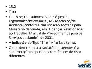 • 15.2
• Tipo
• F - Físico; Q - Químico; B - Biológico; E -
Ergonômico/Psicossocial, M - Mecânico/de
Acidente, conforme classificação adotada pelo
Ministério da Saúde, em "Doenças Relacionadas
ao Trabalho: Manual de Procedimentos para os
Serviços de Saúde", de 2001.
• A indicação do Tipo "E" e "M" é facultativa.
• O que determina a associação de agentes é a
superposição de períodos com fatores de risco
diferentes.
 