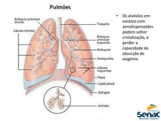 • Os alvéolos em
contato com
aerodispersoides
podem sofrer
cristalização, e
perder a
capacidade de
absorção de
oxigênio.
 