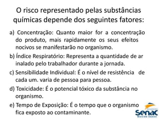 O risco representado pelas substâncias
químicas depende dos seguintes fatores:
a) Concentração: Quanto maior for a concentração
do produto, mais rapidamente os seus efeitos
nocivos se manifestarão no organismo.
b) Índice Respiratório: Representa a quantidade de ar
inalado pelo trabalhador durante a jornada.
c) Sensibilidade Individual: É o nível de resistência de
cada um. varia de pessoa para pessoa.
d) Toxicidade: É o potencial tóxico da substância no
organismo.
e) Tempo de Exposição: É o tempo que o organismo
fica exposto ao contaminante.
 