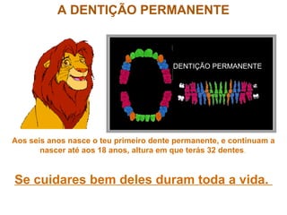 A DENTIÇÃO PERMANENTE
DENTIÇÃO PERMANENTE
Aos seis anos nasce o teu primeiro dente permanente, e continuam a
nascer até aos 18 anos, altura em que terás 32 dentes.
Se cuidares bem deles duram toda a vida.
 