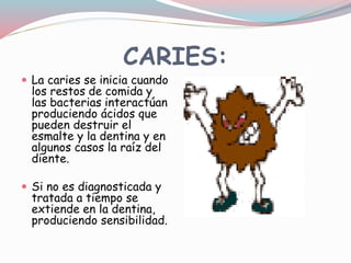 CARIES:
 La caries se inicia cuando
los restos de comida y
las bacterias interactúan
produciendo ácidos que
pueden destruir el
esmalte y la dentina y en
algunos casos la raíz del
diente.
 Si no es diagnosticada y
tratada a tiempo se
extiende en la dentina,
produciendo sensibilidad.
 