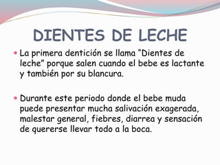 DIENTES DE LECHE
 La primera dentición se llama “Dientes de
leche” porque salen cuando el bebe es lactante
y también por su blancura.
 Durante este periodo donde el bebe muda
puede presentar mucha salivación exagerada,
malestar general, fiebres, diarrea y sensación
de quererse llevar todo a la boca.
 