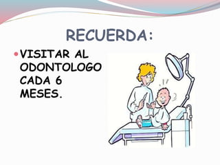 RECUERDA:
VISITAR AL
ODONTOLOGO
CADA 6
MESES.
 