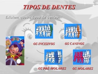 TIPOS DE DENTESTIPOS DE DENTES
Existem quatro tipos de dentes:Existem quatro tipos de dentes:
OS INCISIVOSOS INCISIVOS
OS PRÉ-MOLARESOS PRÉ-MOLARES
OS CANINOSOS CANINOS
OS MOLARESOS MOLARES
 