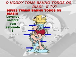O NODDY TOMA BANHO TODOS OSO NODDY TOMA BANHO TODOS OS
DIAS!DIAS!
LavandoLavando
sempresempre
comcom
sabonetesabonete
!! CaraCara
Debaixo dosDebaixo dos
braçosbraços
Cabelo (se sujo ouCabelo (se sujo ou
oleoso).oleoso).
Atrás dasAtrás das
orelhas.orelhas.
PésPés
GenitaisGenitais
MãosMãos
E TU?E TU?
DEVES TOMAR BANHO TODOS OSDEVES TOMAR BANHO TODOS OS
DIAS!!!DIAS!!!
 