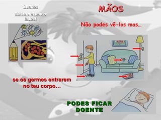 MÃOSMÃOS
Não podes vê-los mas…
PODES FICARPODES FICAR
DOENTEDOENTE
GermesGermes
Estão em todo oEstão em todo o
lado !!lado !!
se os germes entraremse os germes entrarem
no teu corpo…no teu corpo…
 
