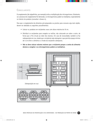 63BOAS PRÁTICAS NA PANIFICAÇÃO E NA CONFEITARIA - DA PRODUÇÃO AO PONTO DE VENDA
CONGELAMENTO
O congelamento (de salgadinhos, por exemplo) evita a multiplicação dos microrganismos. Entretanto,
se o processo de congelamento for demorado, os microrganismos podem se multiplicar, especialmente
no interior do produto (consultar o Anexo 4).
Para que o congelamento de alimentos pré-preparados ou prontos para consumo seja mais rápido,
devem ser adotados os seguintes procedimentos:
• Colocar os produtos em recipientes rasos com altura máxima de 10 cm.
• Distribuir os recipientes para congelar ou resfriar, não colocando um sobre o outro, de
forma que o frio circule ao redor dos mesmos. Em caso de necessidade, também se faz
sobreposição em cruz, desde que o recipiente seja retangular e que permita espaço mínimo
de 5 cm entre o alimento e o fundo do recipiente sobreposto.
• Não se deve colocar volumes maiores que o recipiente porque o centro do alimento
demora a congelar e os microrganismos podem se multiplicar.
Sobreposição em cruz
cartilha-ABIP.indd 63cartilha-ABIP.indd 63 9/6/2010 13:00:169/6/2010 13:00:16
 