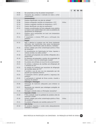 89BOAS PRÁTICAS NA PANIFICAÇÃO E NA CONFEITARIA - DA PRODUÇÃO AO PONTO DE VENDA
C NC NA NO
São apropriados ao tipo de produto transportado?
Transporte dos produtos é realizado de modo a evitar
contaminação?
Armazenamento
Produtos identiﬁcados com data de validade?
Produtos refrigerados mantidos em temperatura < 5ºC?
Produtos congelados mantidos em temperatura <-12ºC?
Produto identiﬁcado com data do recebimento?
Produtos acondicionados de forma adequada (caixa plástica
ou isopor) e sem contato direto com o piso ou prateleiras do
equipamento de refrigeração?
Produtos secos armazenados em local com temperatura
inferior a 26°C?
É respeitado o sistema PVPS para a utilização dos
produtos?
Preparo
Após a abertura os produtos que não foram totalmente
utilizados são transferidos para potes devidamente
higienizados e identiﬁcados (data da abertura /validade)?
Existem cuidados para evitar contaminação química e física
dos alimentos?
Os procedimentos de higienização de frutas, legumes e
verduras servidos crus estão corretos?
Os produtos pré-preparados são mantidos refrigerados até o
preparo ﬁnal?
Os alimentos pré-preparados e prontos são armazenados de
forma a evitar o risco de contaminação cruzada?
Os produtos são esfriados em local livre de contaminantes?
Os recheios e coberturas são mantidos sob refrigeração até
o momento do uso?
Os produtos de confeitaria que necessitam de refrigeração
são mantidos abaixo de 5°C?
É proibido o uso de ovos crus nas preparações que não
passarão por tratamento térmico?
O tratamento térmico aplicado garante a segurança dos
produtos?
O resfriamento é realizado de forma correta, visando a
segurança do produto?
Embalagem e Rotulagem
Utilização de materiais adequados para embalar os
produtos?
Manutenção dos materiais para embalagem protegidos de
contaminação?
Rotulagem contendo todas as informações necessárias?
Exposição à Venda
É feita avaliação visual da qualidade dos produtos antes da
exposição à venda?
Existem cuidados para evitar contaminação química e física
dos produtos?
Os produtos refrigerados são mantidos abaixo de 5°C?
Auto-Serviço
Os produtos expostos à venda estão adequadamente
embalados e rotulados?
07.06
07.07
07.08
07.09
07.10
07.11
07.12
07.13
07.14
07.15
07.16
07.17
07.18
07.19
07.20
07.21
07.22
07.23
07.24
07.25
07.26
07.27
07.28
07.29
07.30
07.31
07.32
Crítico
Crítico
cartilha-ABIP.indd 89cartilha-ABIP.indd 89 9/6/2010 13:00:299/6/2010 13:00:29
 