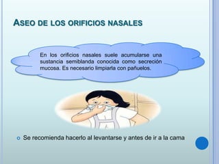 ASEO DE LOS ORIFICIOS NASALES
 Se recomienda hacerlo al levantarse y antes de ir a la cama
En los orificios nasales suele acumularse una
sustancia semiblanda conocida como secreción
mucosa. Es necesario limpiarla con pañuelos.
 