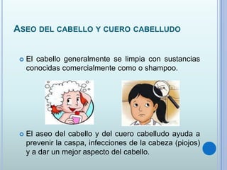 ASEO DEL CABELLO Y CUERO CABELLUDO
 El cabello generalmente se limpia con sustancias
conocidas comercialmente como o shampoo.
 El aseo del cabello y del cuero cabelludo ayuda a
prevenir la caspa, infecciones de la cabeza (piojos)
y a dar un mejor aspecto del cabello.
 