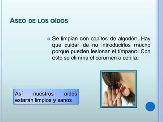 ASEO DE LOS OÍDOS
 Se limpian con copitos de algodón. Hay
que cuidar de no introducirlos mucho
porque pueden lesionar el tímpano. Con
esto se elimina el cerumen o cerilla.
Así nuestros oídos
estarán limpios y sanos
 